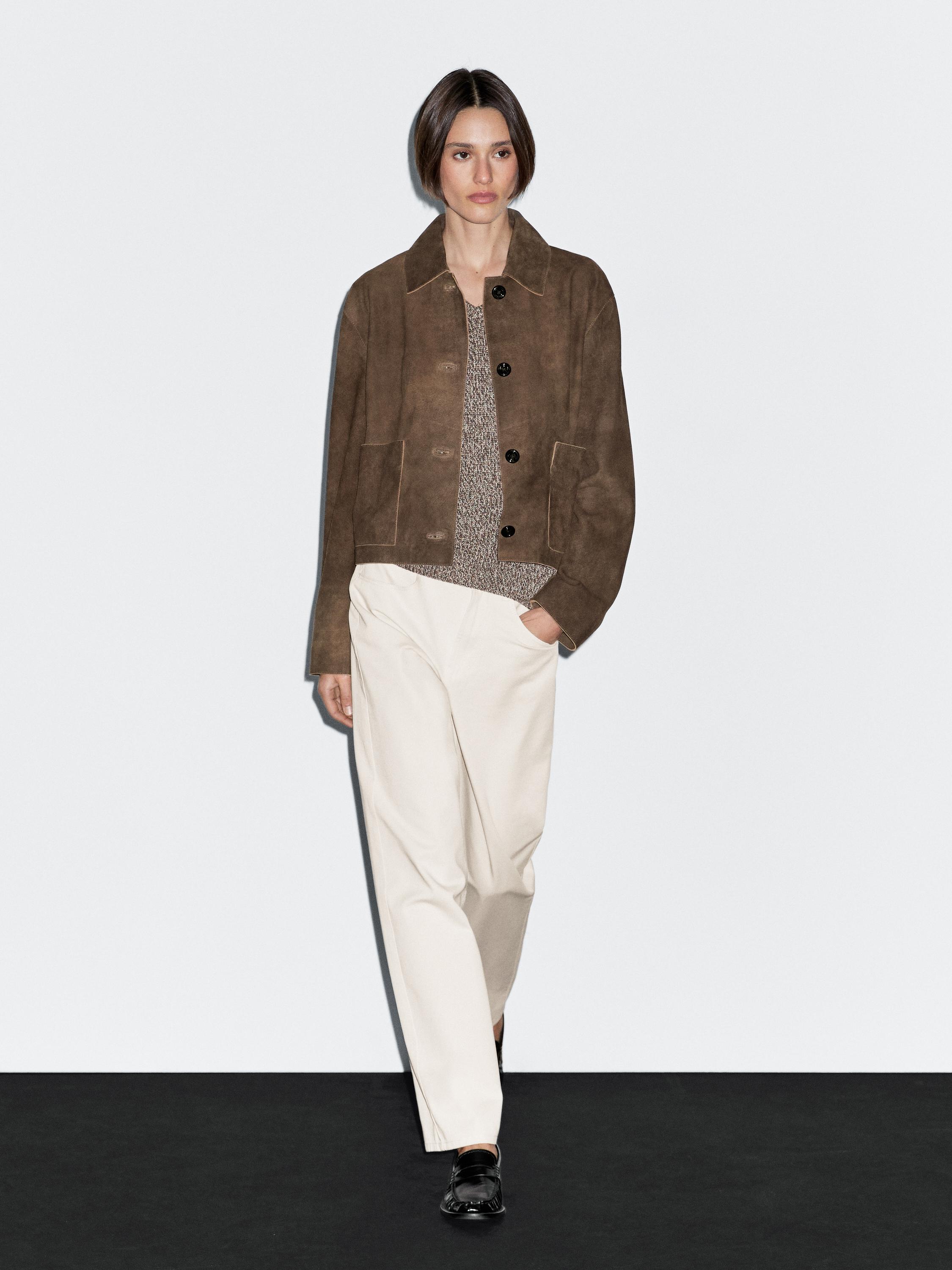 Veste courte en cuir effet daim avec poches